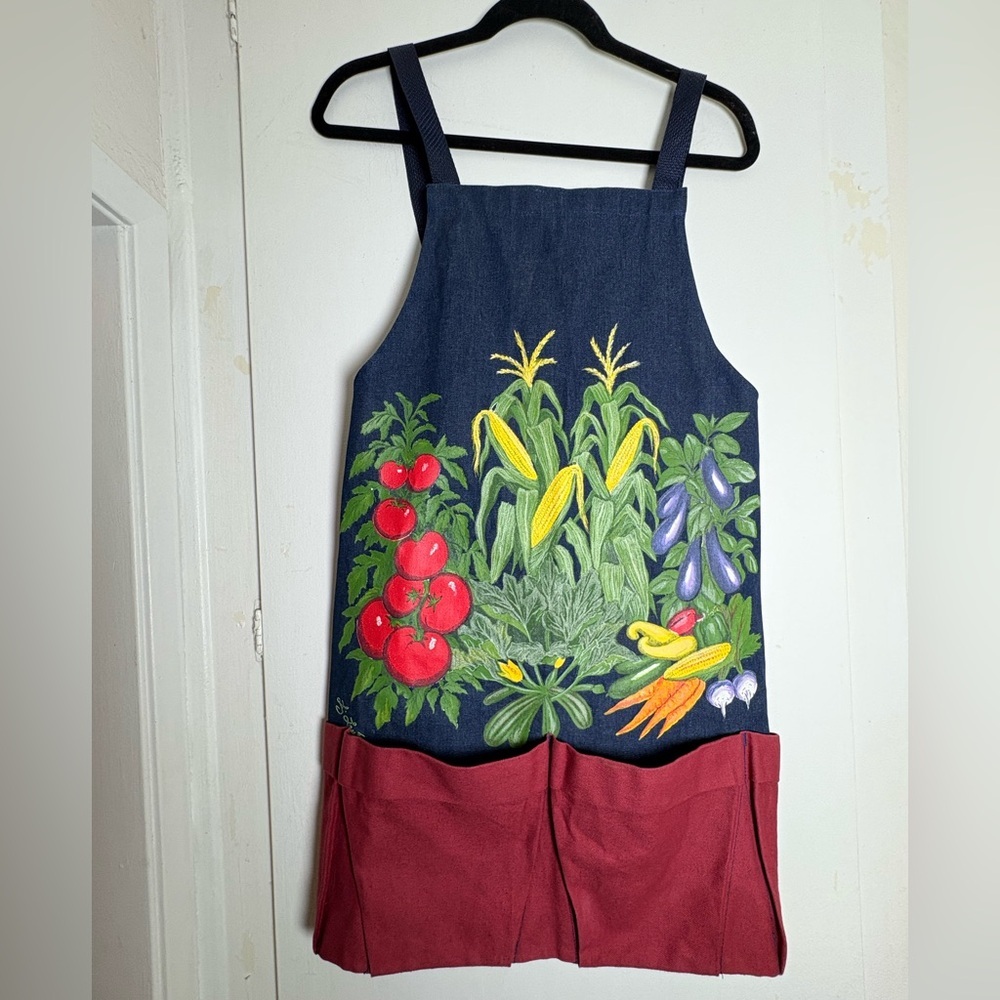 Colorful Vintage Garden Themed Painted Denim Apron With Pockets -Made in USA